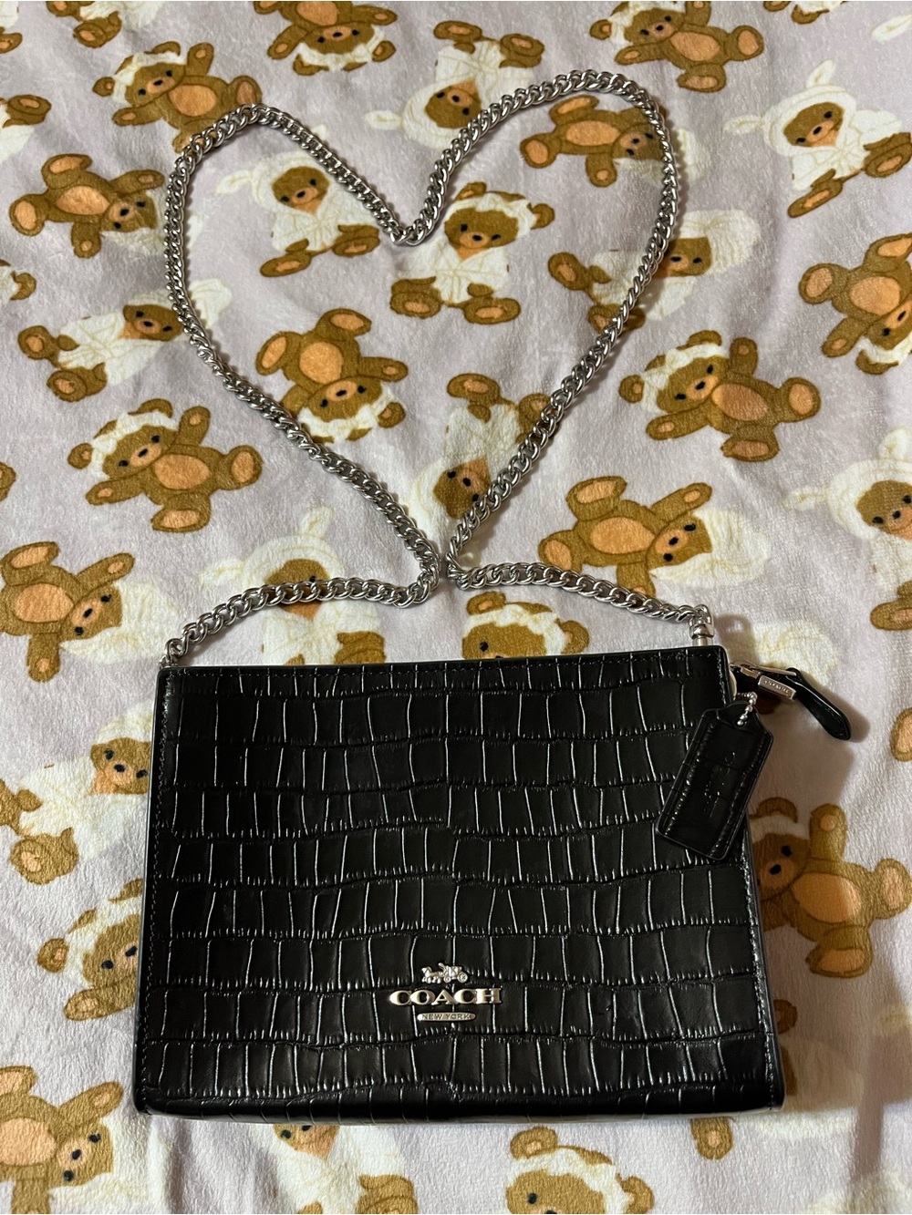 Coach Black Croc-Embossed Crossbody with Silver Chain